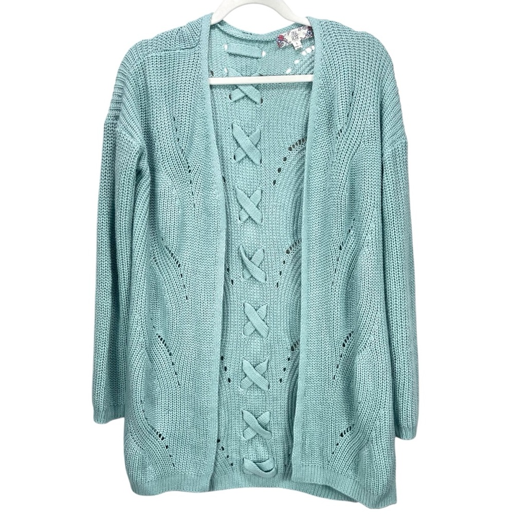 Pink Rose Vintage Women’s Large Cardigan Mint Green Open Front Knit Sweater